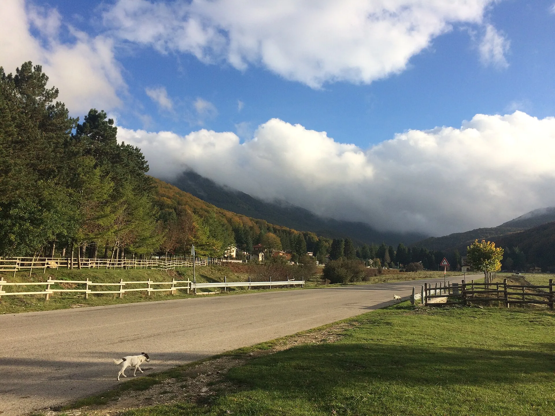 I monti del Laceno con le nuvole basse e i prati lungo la strada
